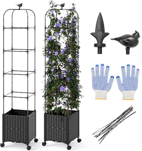 COSTWAY Rankhilfe mit Blumenkasten auf Rollen, 211cm Garten Obelisk, beschichtetes Metall & PP, höhenverstellbar, Rankgitter mit Pflanzkasten & Selbstbewässerung, für Kletterpflanzen Tomaten Blumen