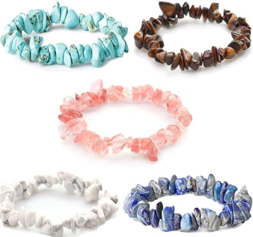 KARLOR 5 Stück Kristall Armband Naturstein Armbänder elastisch Armband Damen Kristall Kies blau weiß Türkis rot braun unregelmäßige bunte Splitterarmband Freundschaftsarmband Geschenk