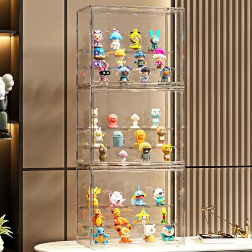 3 Stück Acryl Vitrine für Pop Figuren,Staubdichte Schaukasten Glasvitrine, Vitrine Klein mit Tür Für Action Figuren Spielzug MiniFiguren Sammelfiguren,Selbstmontage(3 Etagen,30x18x24cm
