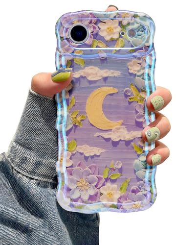 EYZUTAK für iPhone Air Hülle, Bunte Vintage Ölgemälde Blumen, Lila Weiß | Glitzer Flower Muster Handyhülle, Niedliche Lockiges Wellenförmiger Rand, Langlebige TPU Schutzhülle, Für Mädchen Frauen