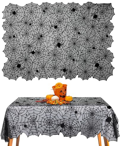 XIMEY Halloween Tischdecke, Tischdecke Spitze Schwarz, Halloween Tischdecke Spitze Deko, Schloss Horror Tischtuch, Tischdecke mit Spukhaus Dekoration Halloween Party-Dekoration (Spinne)