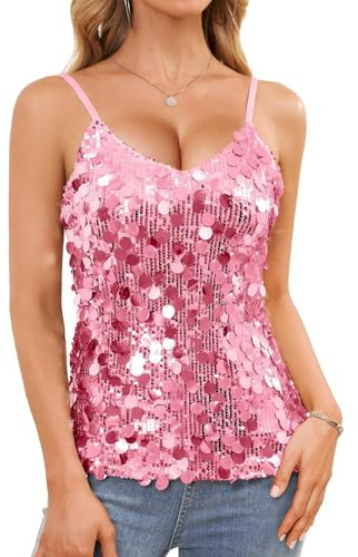 JASGOOD Sequin Tops for Women Sparkly Tank Top Vest Sleeveless V Neck Glitter Strappy Camisole Concert Outfits Party Night, Rose Pink, M