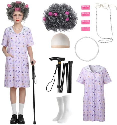 Crittygo Oma Kostüm Damen Alte Dame Kostüm Set mit Oma Kleid Perücke Halskette Brille Gehstock, Old Lady Kostüme Großmutter Cosplay für Fasching Karneval