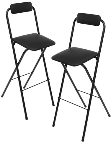 TONFEION Set di 2 sgabelli da bar pieghevoli, con schienale e poggiapiedi, pieghevole, fino a 125 kg, altezza della seduta: 75 cm, per interni ed esterni, uffici e bar, (nero)