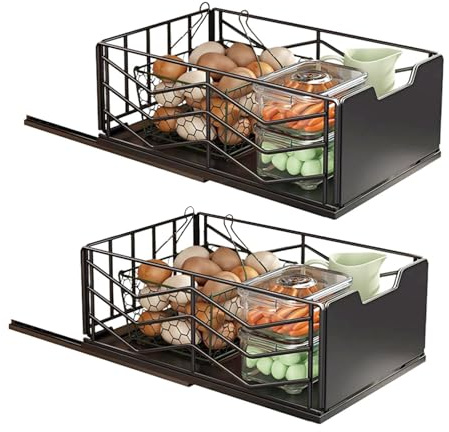 ULIKEUS 2 Pack 40cm Pull Out Cabinet Organiser,No Drill Sliding Out Drawers for Kitchen Cupboards, Pull Out Storage Baskets, Heavy Duty Metal Pantry Organiser for Kitchen & Bathroom,Black