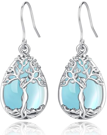 AEONSLOVE Orecchini Albero della Vita Donna con Pietra di Luna | Orecchini Pendenti Cristallo in Rame Rodiato, con Monachelle in Argento 925, Gioielli Pietre e Cristalli