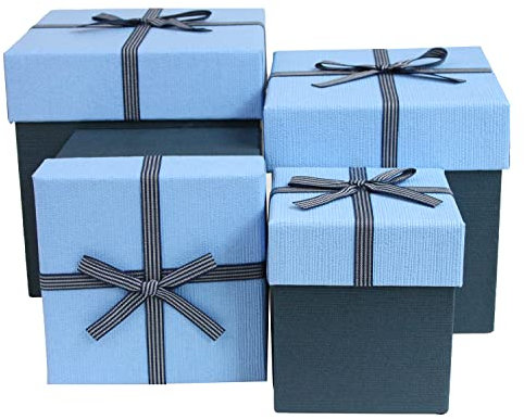 Emartbuy 4er-Set Geschenkbox, Dunkelblaue Box mit Hellblauem Deckel und gestreiftem Schwarz-Blauem Band
