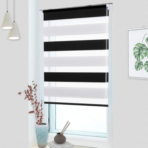 OUBO Doppelrollo Klemmfix ohne Bohren 90 x 150 cm (B x H) Schwarz-Weiß Fenster Duo Rollo - lichtdurchlässig und verdunkelnd Wandmontage Deckenmotage Sichtschutz Rollo mit Klemmträgern
