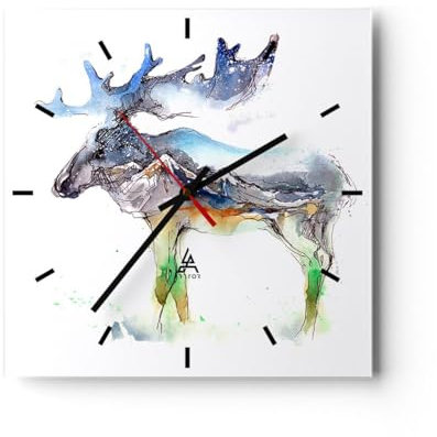 Modern Wanduhr Moose Berge Winter illustration 30x30cm Quadrat Klein Wand Uhr Glas Analog Zimmeruhren Küche Büro Wohnzimmer Glasuhr Wall Clock Dekoration Design Wanddekoration Küchenuhr C3AC30x30-3041