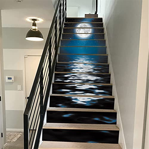 FLFK 3D Luminosa chiaro di luna al mare Autoadesiva Le scale Alzate adesivo Vinile decalcomania Adesivi per scale decorazione 39,3 pollici x7,08 pollici x 13 pezzi