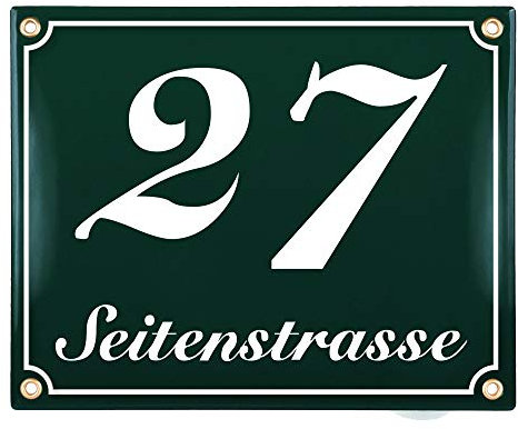 Sosenco Hausnummerschild Hausnummer mit Straßenname - 25x20 cm - Keramik Emaille - Wetterfest - Personalisiert (Grün)