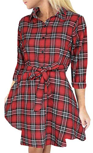 ORANDESIGNE Robe Femme Robe à Carreaux Manche Longue Manches 3/4 Ceinture Taille Haute Sexy Jupe Robe Chemise A Rouge Blanc S