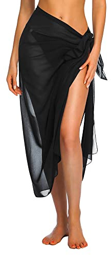 Ekouaer Sarong Swimsuit Coverup for Women Chiffon Long Beach Tie Wrap Skirt Sheer Scarf Bathing Suit Black One Size