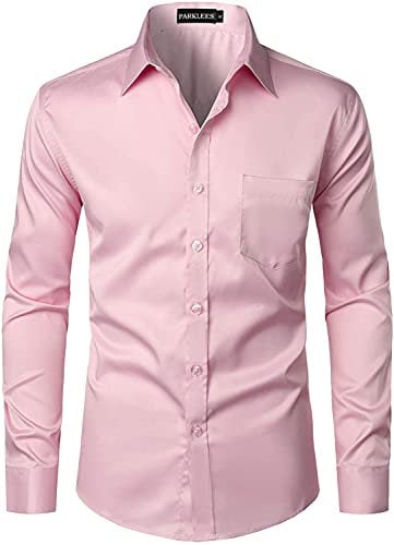 PARKLEES Men's Urban Stylish Casual Business Slim Fit Long Sleeve Button Up Dress Shirt with Pocket Pink XXL