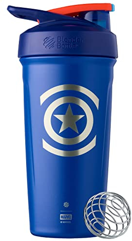 BlenderBottle Marvel Strada Shaker Cup Insulated Stainless Steel Water Bottle with Wire Whisk, 24-Ounce, Captain America Shield