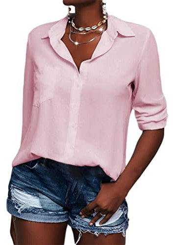 Minetom Chemisier Elégant pour Femme Col en V Manches Longues Blouse avec Boutons Chemise Ample Travail Bureau Tunique Shirt Top Haut A Rose M