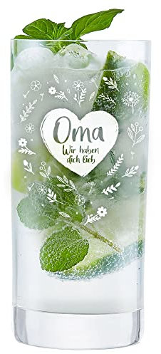 AMAVEL Wasserglas für Oma, Trinkglas mit Gravur Blumenherz, Herz Glas Geschenkidee, Saftglas Küchenzubehör, Geburtstagsgeschenk für Frauen, Graviertes Geschenk für Großmütter, 500 ml