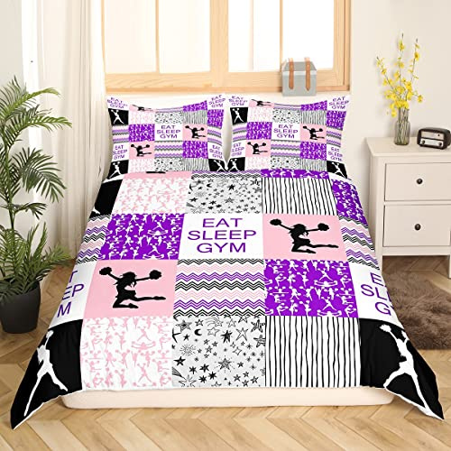 Cheerleading Bettwäsche Set für Kinder, Mädchen, Teenager und Erwachsene - Bettbezug 135 x 200 cm - Geometrisch Kariertes Design mit Sternenhimmel - Lila Pink
