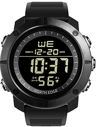 NORTH EDGE Tank Herren Digitale Sportuhr Großes Zifferblatt Wasserdicht Armbanduhren für Männer mit Stoppuhr Alarm EL Hintergrundbeleuchtung, schwarz, Outdoor