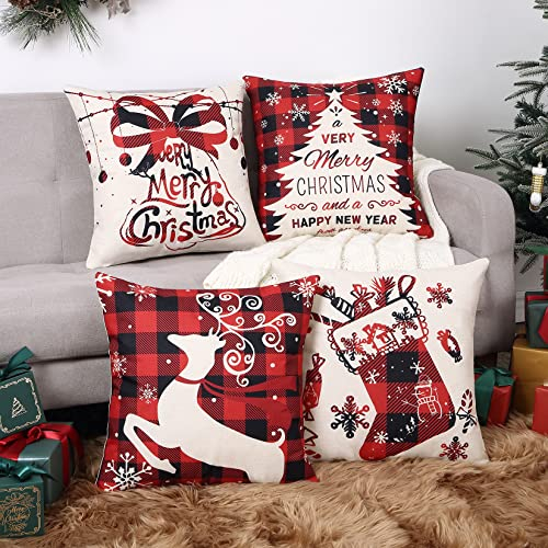 LuxFocus Christmas Cushion Cover, Faux Linen Red Decorative Christmas Tree Throw Pillow Case Cushion for Sofa Living Room Bed Couch Car Square Pillowcase, 18 x 18 Inch