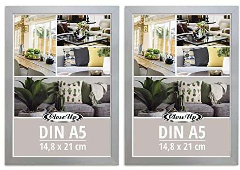 Close Up Bilderrahmen 2er Set DIN A5 (14,8 x 21 cm) | Holzdekor (MDF) Silber mit Rückwand und Aufsteller | PVC-Scheibe (unzerbrechlich) Profilbreite 15 mm