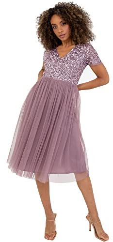 Maya Deluxe Women's Embellished Midi Evening Dress Ladies V Neckline with Short Sleeve for Prom Wedding Bridesmaid, Moody Lilac, 8
