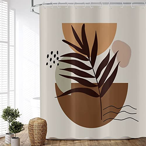 ASDCXZ Boho Duschvorhang 180x200 cm, Modern Abstrakt Kunst Boho Style Halbkreis Blätter Beige Bad Waschbar Duschvorhänge Polyester Textil Wasserdicht Duschvorhang für Badewanne mit 12 Haken