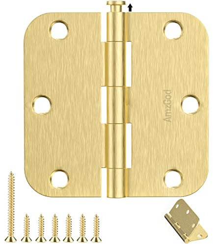 AmzGod Door Hinges Satin Brass - 30 Pack Gold Door Hinges 3.5 Inch Rounded Interior Door Hinge with 5/8 Radius - 3 1/2 Inches Flat Iron Brass Hinges for Residential Standard Doors