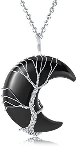 XIANNVXI Halskette Damen Silber Schwarzer Achat Kette Kristalle Mondsichel Ketten Anhänger Kristall Kette Baum des Lebens Natürliche Energie Edelsteine Schmuck Frauen Geschenk