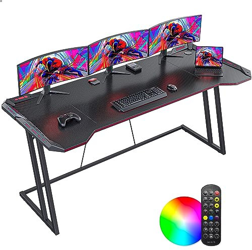 CubiCubi Gaming Desk with LED, 160 cm Gamer Workstation, Home Computer with Carbon Fiber Surface, Black