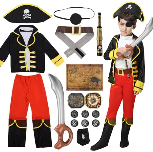 VICTERR Piratenkostüm Kinder, Piraten Cosplay Kostüm Kinder Jungen mit Kompass, Karte, Teleskop und Aufblasbaren Schwertern, Piraten Rollenspiel für Halloween Karneval, Faschingskostüm Kinder