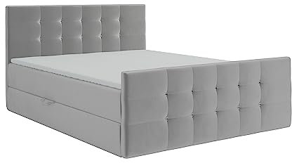 KEF Paris Boxspringbett 160x200 cm - Bett mit Matratze und Topper - Doppelbett mit Bettkasten - Polsterbett mit Kopfstütze - Bonell-Matratze H3 - Silber Tiffany