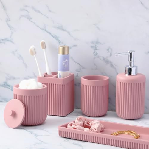 XLHOMO Resin Pink Bathroom Accessories Set 5 Pcs, Lotion Soap Dispenser Toothbrush Holder Bathroom Tumbler Cotton Swab Jar and Multifunctional Tray, Bathroom Organizer Accessory for Modern Home Decor