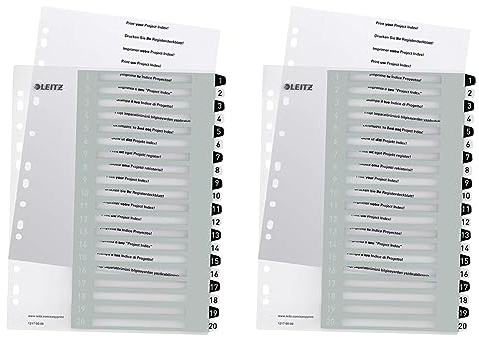 Leitz Register für A4, PC-beschriftbares Deckblatt und 20 Trennblätter, Taben mit Zahlenaufdruck 1-20, Überbreite, Weiß/Schwarz, Polypropylen, WOW, 12170000 (Packung mit 2)