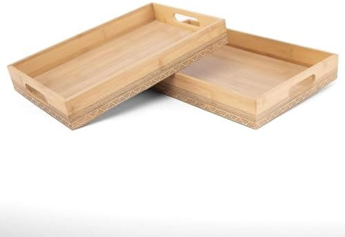 Juego de 2 Bandejas de Madera Natural con Asas Integradas | Ideal para servir y decorar en cocina, comedor, baño o salón RS02181