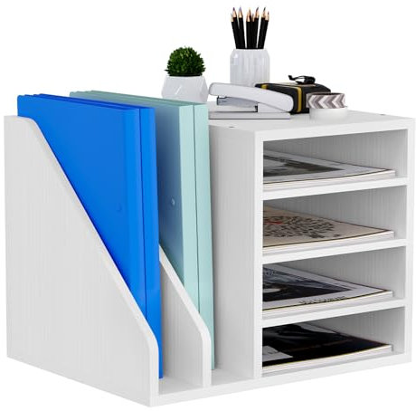 Senhoglb 4 Fächer Holz Büro Schreibtisch Ordner Organizer, A4 Dokumentenhalter Briefablage Aktenhalter Zeitschriftenhalter, Multifunktionaler Papier, Magazin, Bürobedarf Organisator, Weiß