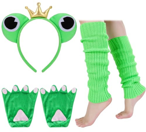 Apricitie 3 Stücke Frosch Kostüm Zubehör,Frosch König Haarreifen,Frosch Handschuhe,Neon 80er Bein Stulpen für Karneval Party