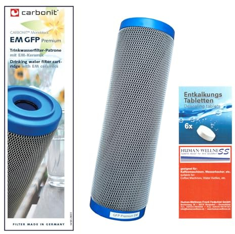 Prime Inventions Wasserfilter GFP Premium EM Filterpatrone 0,4 µ mit mehr Aktivkohle und EM-Keramik | zusätzlich Tabs zur Entkalkung und Desinfizierung des Filtergerätes