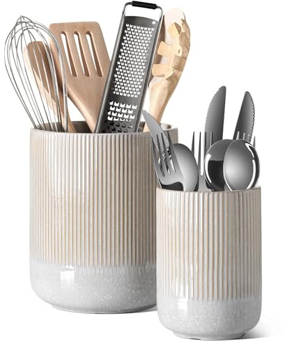 LE TAUCI Ceramic Utensil Holder, 18.5+14cm, Set of 2, Glaze Marble Gray | Kitchen Utensils Holder, Large Cooking Utensil Pots for Kitchen Counter, Morden Utensil Organizer for Spatula