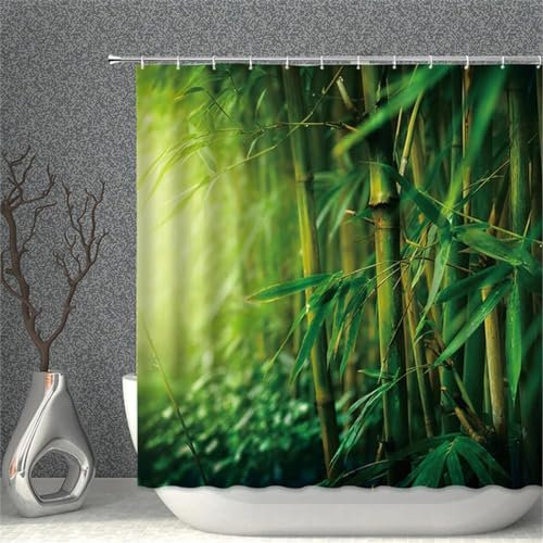 Duschvorhang 240x200 Bambus, Duschvorhänge Antischimmel 3D Grün, Shower Curtains Wasserdicht Waschbar, Duschrollo für Badewanne Badezimmer, mit 12 Ringe 2215YL