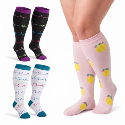 LEOSTEP 3 Paar Plus Size Kompressionsstrümpfe für Damen & Herren, Extra Weite Kompressionssocken (2XL-5XL), Kniestrümpfe für Sport, Flug, Reisen & Alltag, Komfort-Passform für kräftige Waden