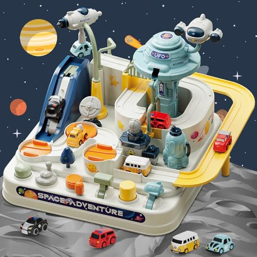 fisca Kinder Rennbahn Spiel Auto Abenteuer Spielzeug für 3 4 5+ Jahre alt, Raumschiff Puzzle Rail Track Stadt Rettung Playset Magnet Spielzeug Pädagogisches Lernen Kleinkind Rennbahn mit 4 Mini Autos
