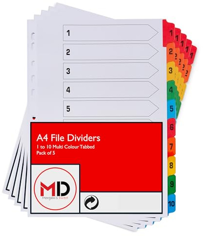 A4 1-10 File Dividers with Coloured Numbered Index Tabs - Multi Hole Punched and Reinforced Subject Divider - Pack of 5