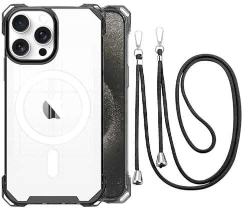 CAROKI Crossbody Lanyard Case for iPhone 14 Pro, Ultra Clear Hard Back Magnetic Case Compatible with MagSafe Bumper with Strap Adjustable Neck Cord Necklace Cover for iPhone 14 Pro-Black