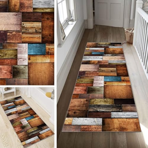 Poaegle Teppich Läufer Flur Bunt Lang rutschfest KücheLäufer Holzmaserung Waschbar Schlafzimmer Teppich Läufer 100x200cm Dauerhaft Läuferteppich FlurLäufer Korridor Meterware