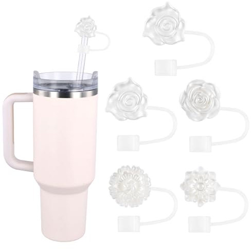5uds Tapa de Pajita con Forma de Flor para Taza Stanley, 10mm Tapa de Pajita con Forma de Flor y Perla Tapa de Pajita Silicona Reutilizable Protector de Pajita para Beber para Stanley Pajita