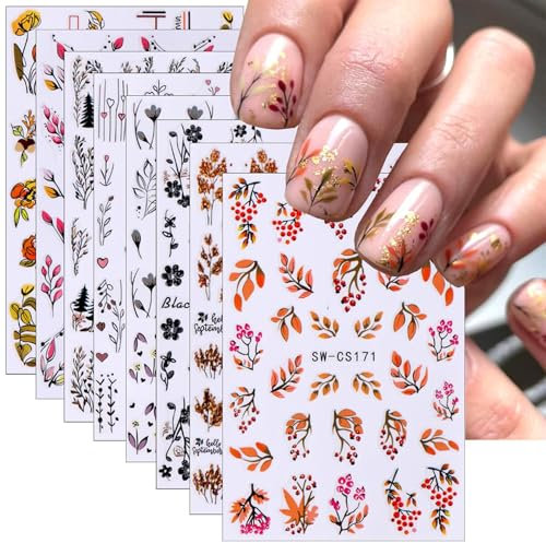 TELAIN 8 fogli di adesivi per nail art – 3D foglie nere, fiori, amore foglie autunnali, adesivi per unghie, motivi floreali, decalcomanie da donna