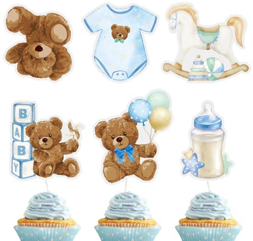 24 Stück Cupcake Topper Babyparty Baby Shower Kuchen Cake Dekoration Taufe Papier Gender Reveal Party Zubehör Kommunion Tortendeko Kuchendekoraion Muffin Deko Tortenstecker Partydeko (Blau)