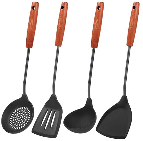 FJNATINH Pfannenwender Silikon Set, Silikon Heat Resistant Spatulas Kochlöffel,Schaumlöffel und Schlitz Spatel for Nonstick,rostfreier Stahl und Holzgriff in einem! Schwarz,4 Stück