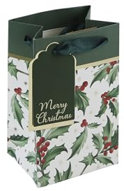 Eurowrap White Kraft Paper Christmas Holly Berry Gift Bag - Small/Perfume Size - Eco-Friendly Fully Recyclable With Gift Tag for Xmas, Festive Wrapping